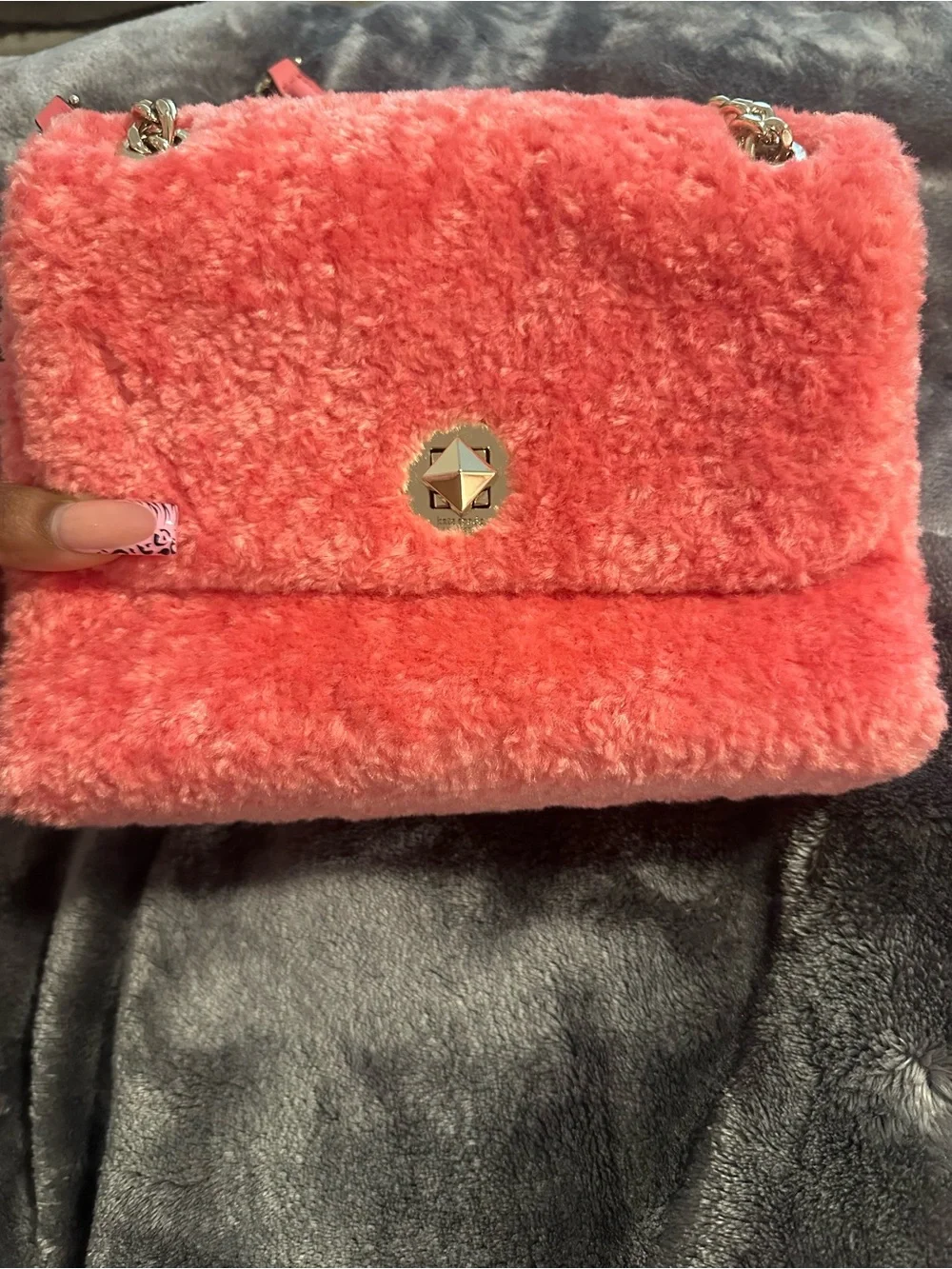 Kate Spade Plush Pink Faux Fur Shoulder Bag with Chain Strap